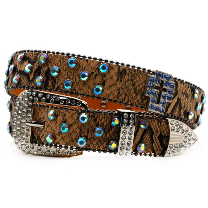 Brown Snake Pattern Sparkling Cross Rivets Leather Belt - image 2