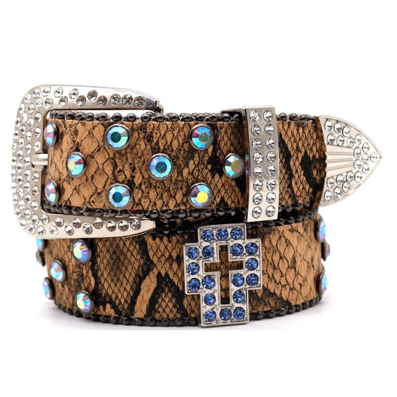 Brown Snake Pattern Sparkling Cross Rivets Leather Belt - Brown - 44 - image 0