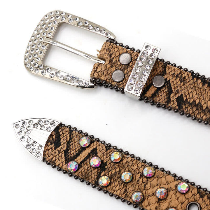 Brown Snake Pattern Sparkling Cross Rivets Leather Belt - image 4