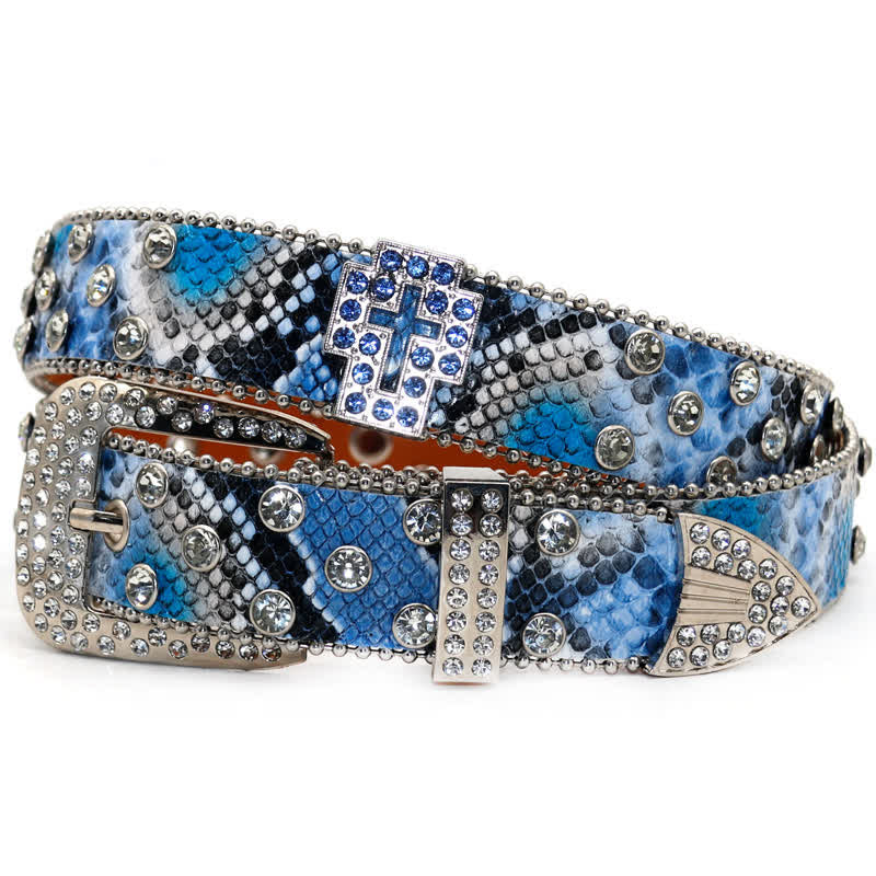 Brown Snake Pattern Sparkling Cross Rivets Leather Belt - Blue - 44 - image 5