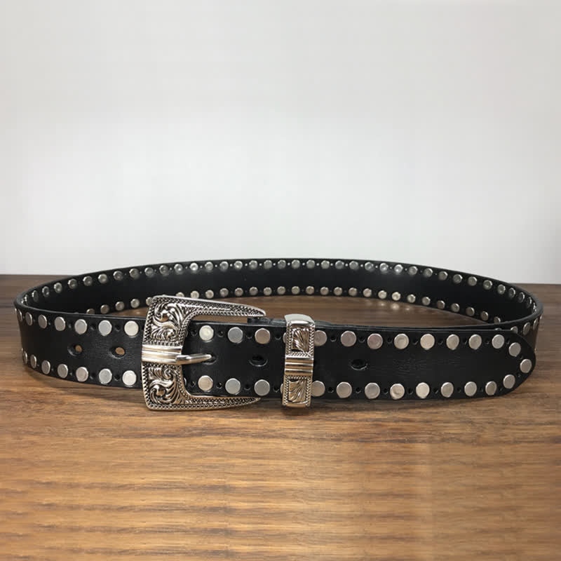 Western Two Rows Round Rivets Studded Leather Belt - image 7