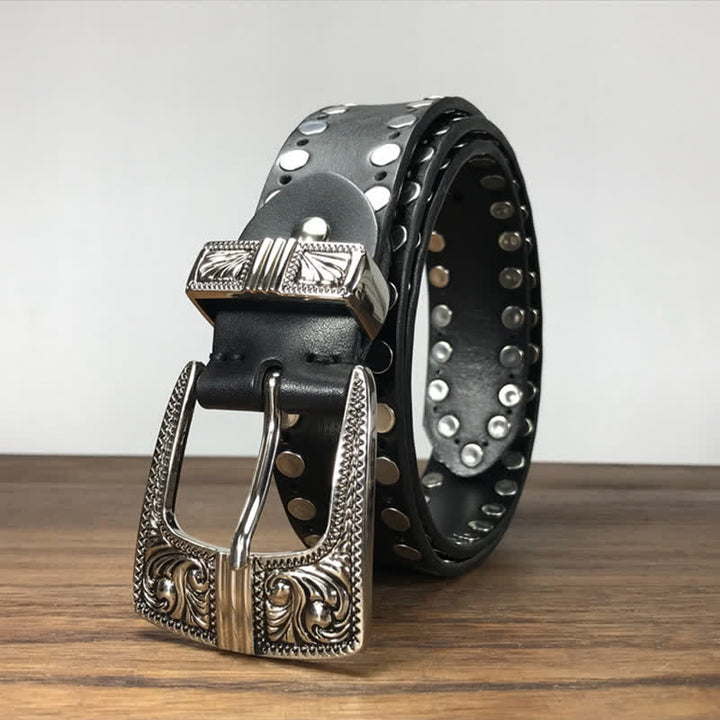 Western Two Rows Round Rivets Studded Leather Belt - image 4