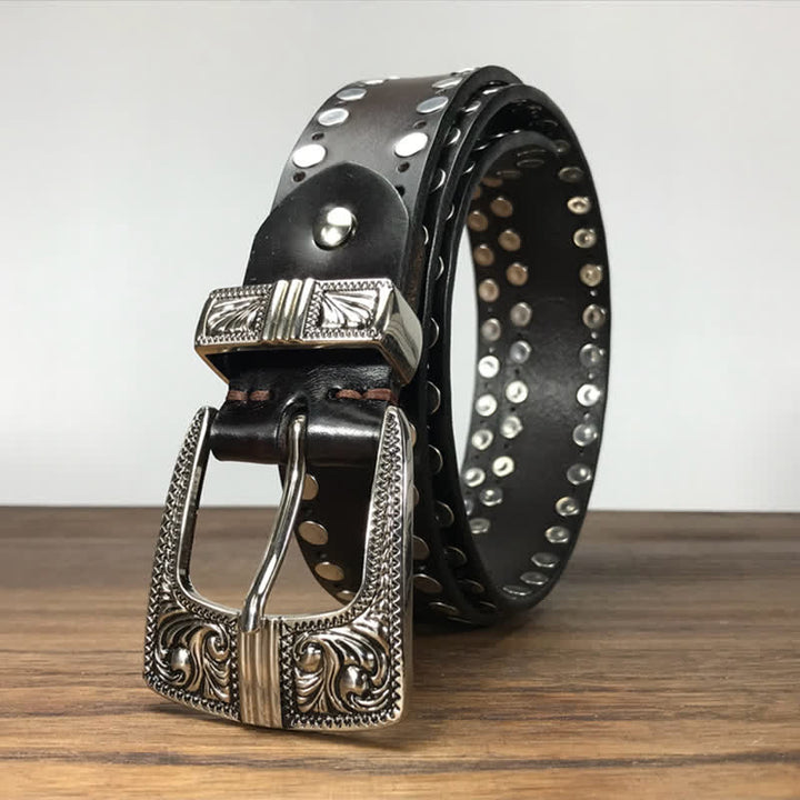 Western Two Rows Round Rivets Studded Leather Belt - image 1