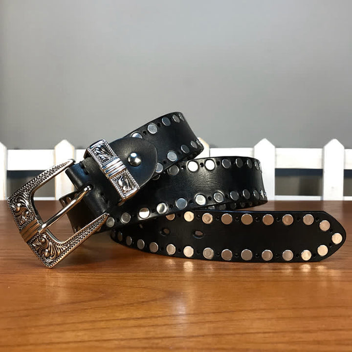 Western Two Rows Round Rivets Studded Leather Belt - image 5