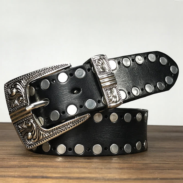Western Two Rows Round Rivets Studded Leather Belt - Black - 42 - image 3