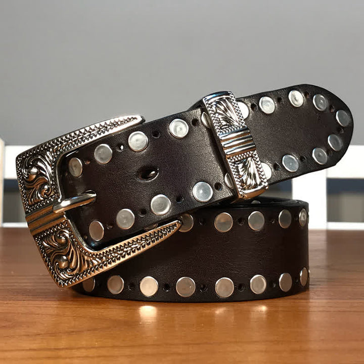 Western Two Rows Round Rivets Studded Leather Belt - Dark Coffee - 42 - image 0