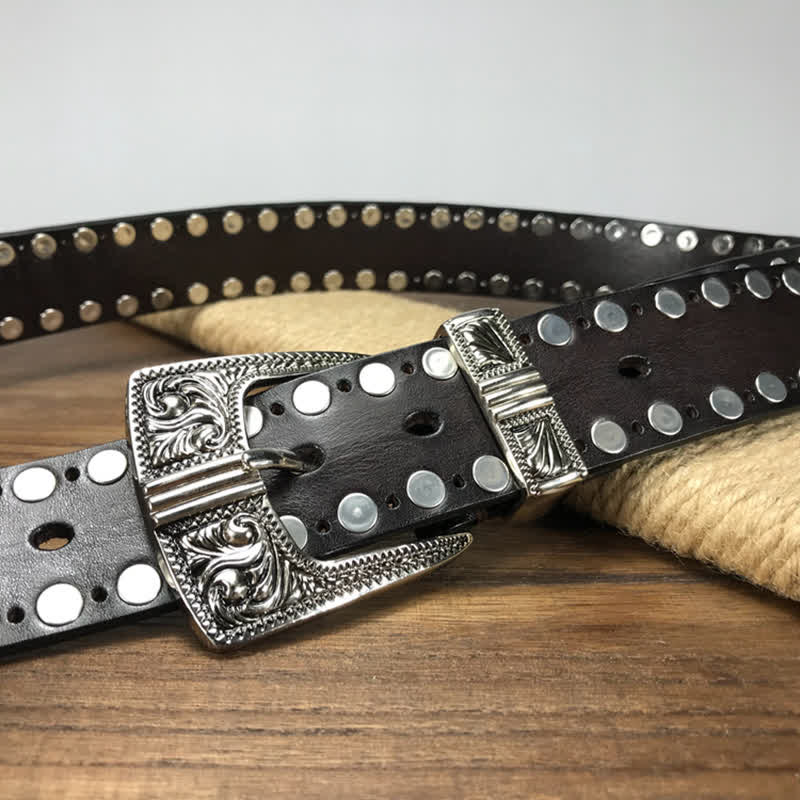 Western Two Rows Round Rivets Studded Leather Belt - image 6