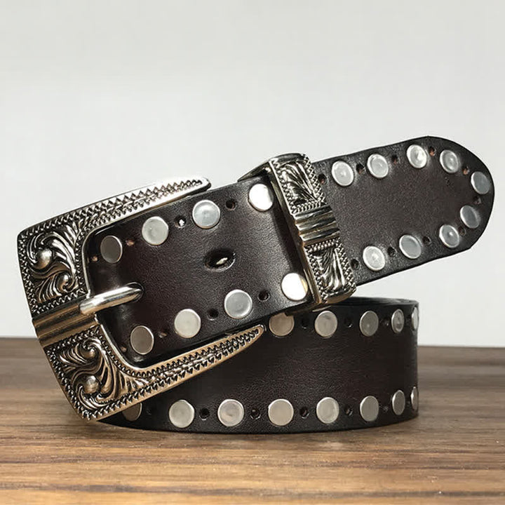 Western Two Rows Round Rivets Studded Leather Belt - image 2