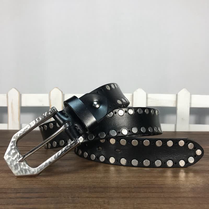 Hammer Buckle Two Rows Rivets Studs Leather Belt - image 2