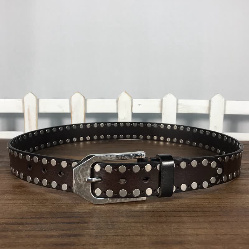 Hammer Buckle Two Rows Rivets Studs Leather Belt - image 9