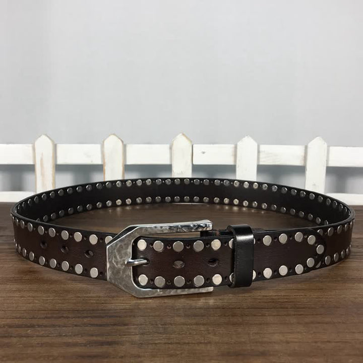 Hammer Buckle Two Rows Rivets Studs Leather Belt - image 9