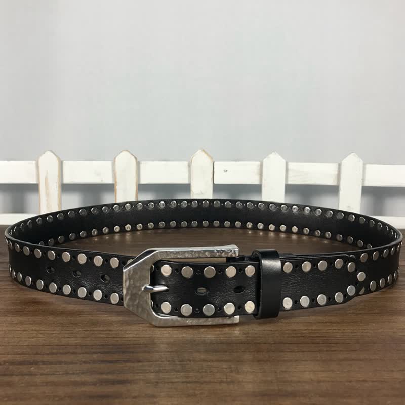 Hammer Buckle Two Rows Rivets Studs Leather Belt - image 4