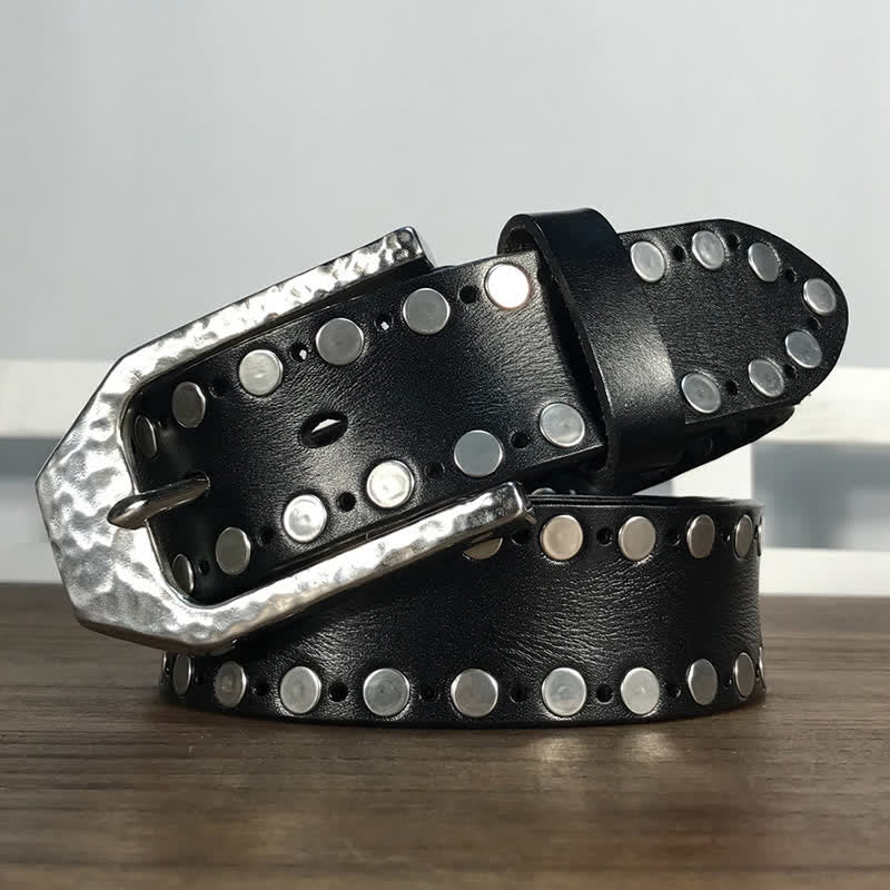 Hammer Buckle Two Rows Rivets Studs Leather Belt - Black - 42 - image 0