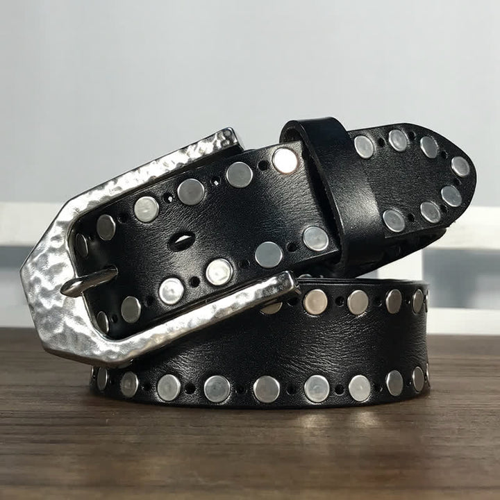 Hammer Buckle Two Rows Rivets Studs Leather Belt - Black - 42 - image 0