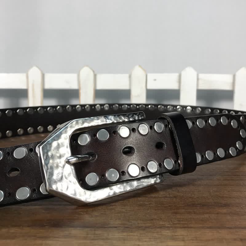 Hammer Buckle Two Rows Rivets Studs Leather Belt - image 10