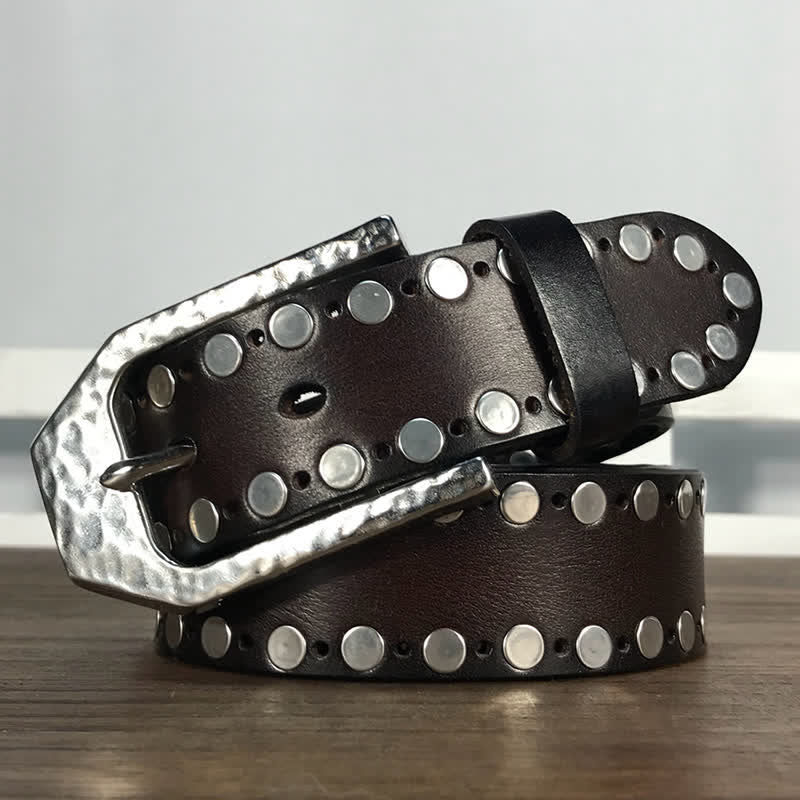 Hammer Buckle Two Rows Rivets Studs Leather Belt - Dark Coffee - 42 - image 6