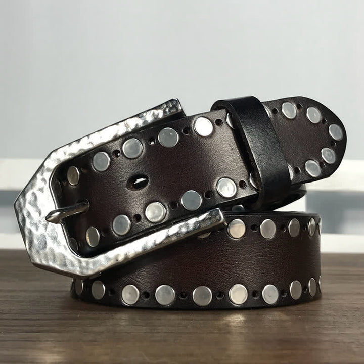 Hammer Buckle Two Rows Rivets Studs Leather Belt - Dark Coffee - 42 - image 6