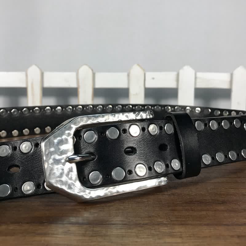 Hammer Buckle Two Rows Rivets Studs Leather Belt - image 5