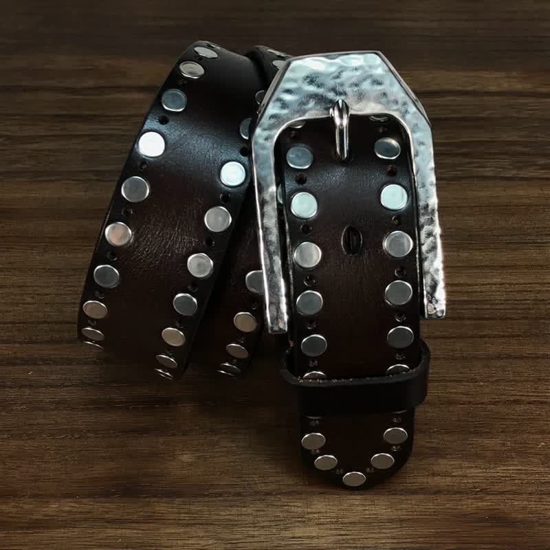 Hammer Buckle Two Rows Rivets Studs Leather Belt - image 11