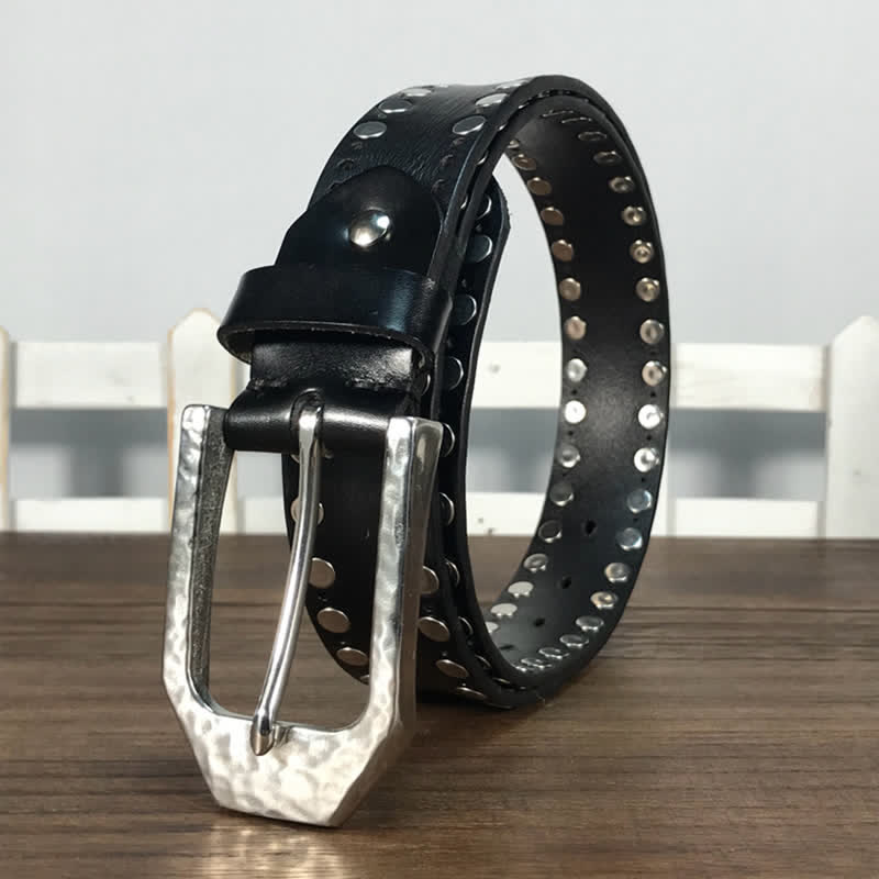 Hammer Buckle Two Rows Rivets Studs Leather Belt - image 1