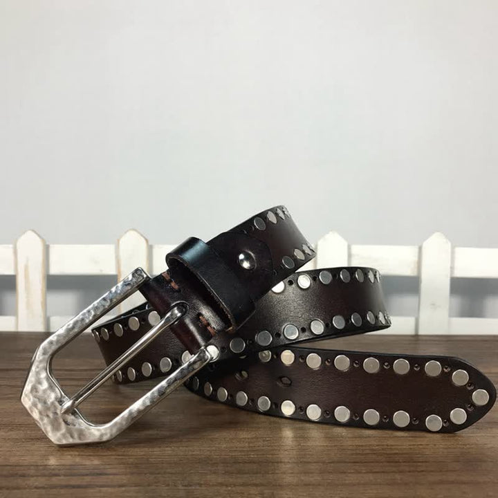 Hammer Buckle Two Rows Rivets Studs Leather Belt - image 8