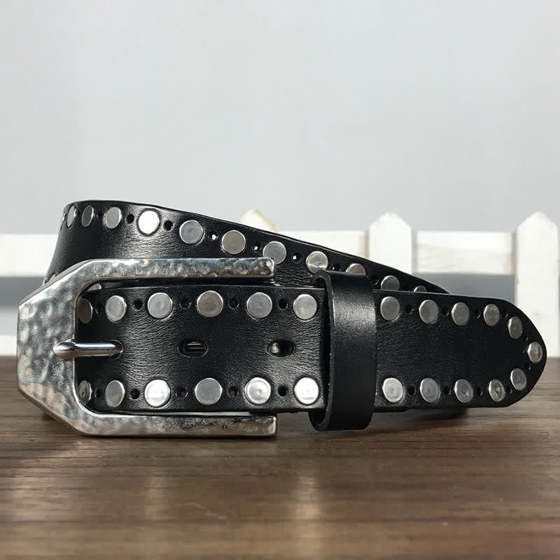 Hammer Buckle Two Rows Rivets Studs Leather Belt - image 3