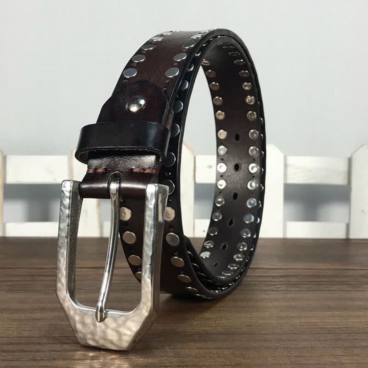 Hammer Buckle Two Rows Rivets Studs Leather Belt - image 7