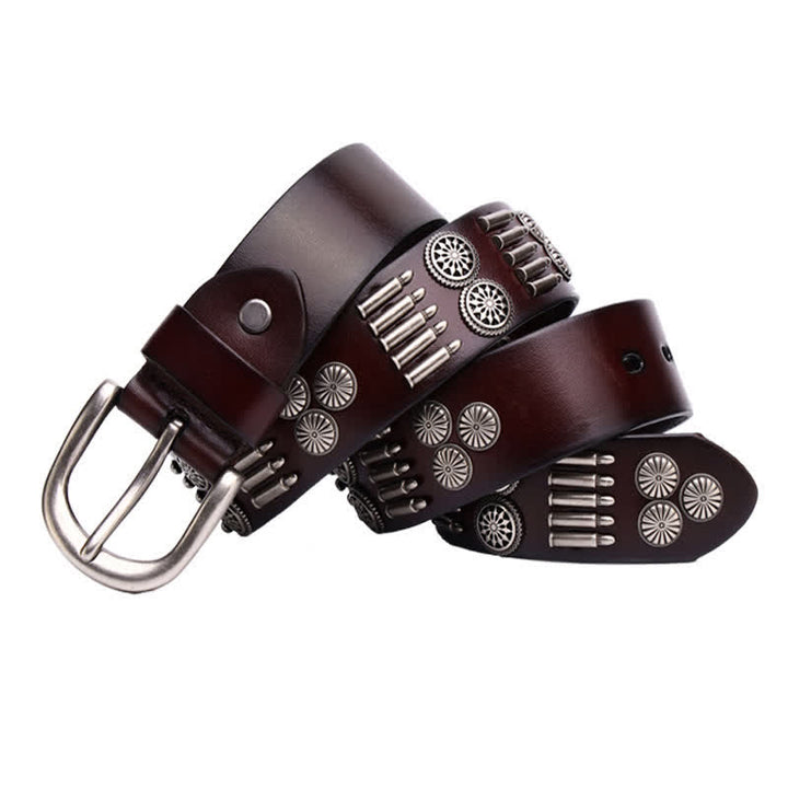 Fashion Punk Rock Metal Bullet Rivets Leather Belt - Dark Brown - 44 - image 2