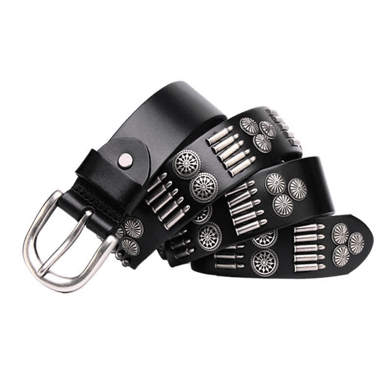 Fashion Punk Rock Metal Bullet Rivets Leather Belt - Black - 44 - image 3