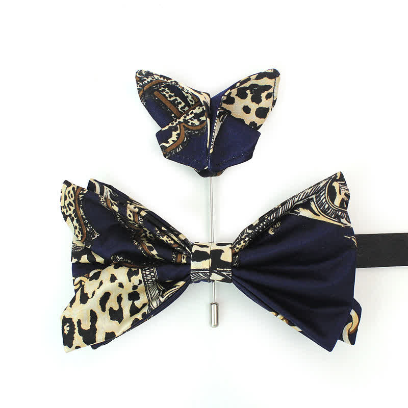 Men's Luxurious Navy & Beige Patterned Bow Tie - Bow Tie & Brooch Pin - image 3