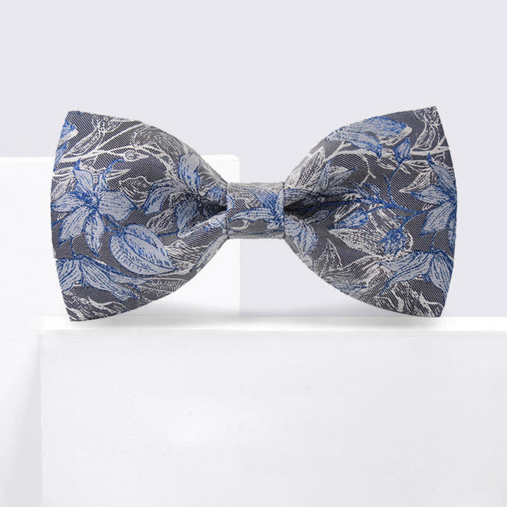 Men's Gray & Blue Flower Leaves Silk Bow Tie - image 2