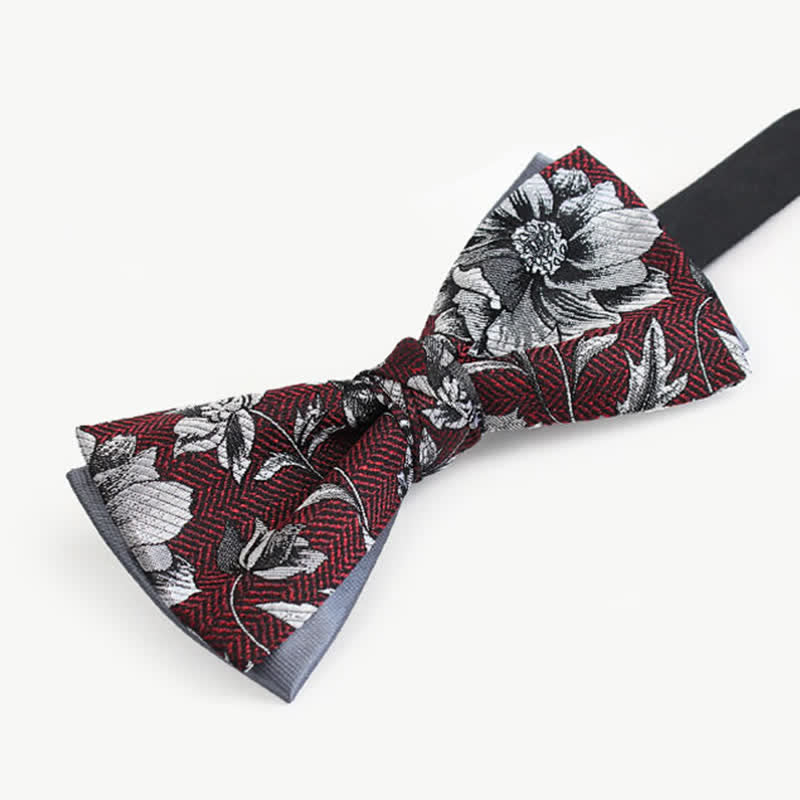 Men's Brugundy & Gray Peony Double Layers Bow Tie - image 1