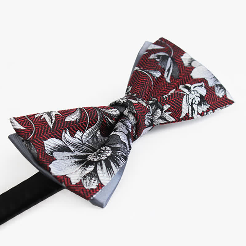 Men's Brugundy & Gray Peony Double Layers Bow Tie - image 2