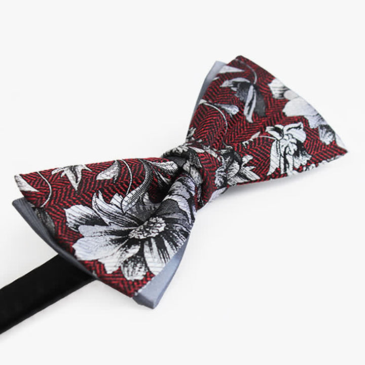 Men's Brugundy & Gray Peony Double Layers Bow Tie - image 2