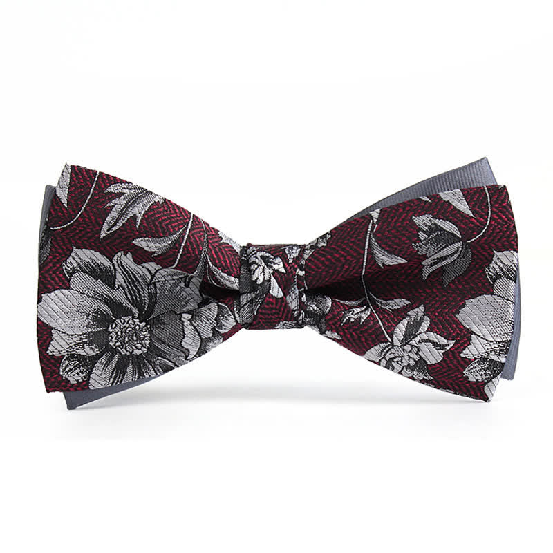 Men's Brugundy & Gray Peony Double Layers Bow Tie - Burgundy - image 0