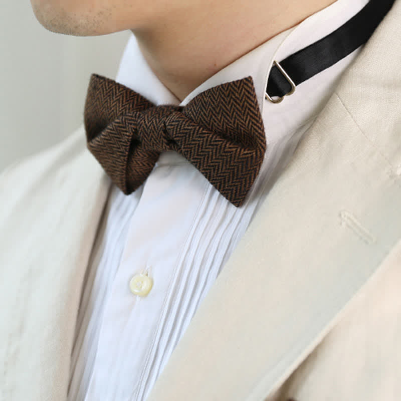 Men's Coffee Herringbone Pattern Woolen Bow Tie - image 7