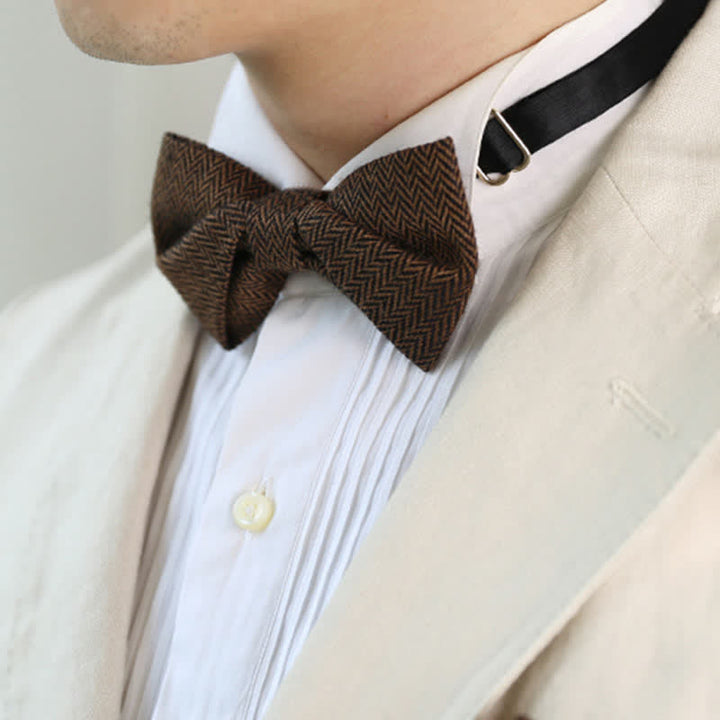 Men's Coffee Herringbone Pattern Woolen Bow Tie - image 7