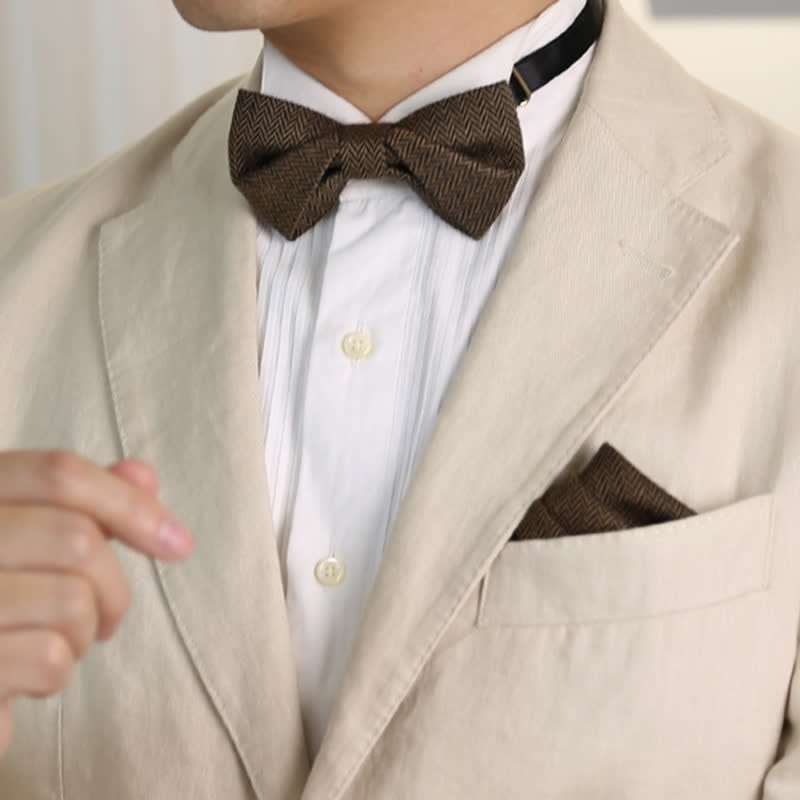 Men's Coffee Herringbone Pattern Woolen Bow Tie - image 6