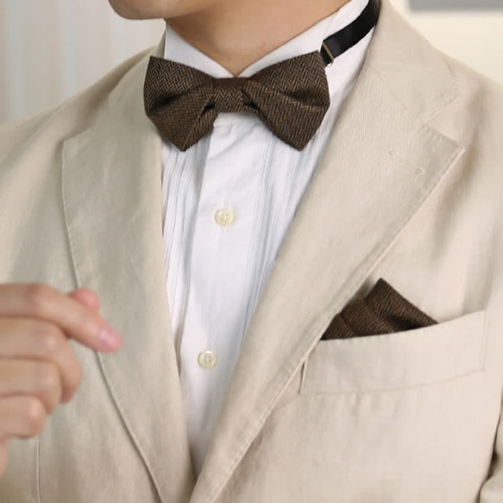 Men's Coffee Herringbone Pattern Woolen Bow Tie - image 6