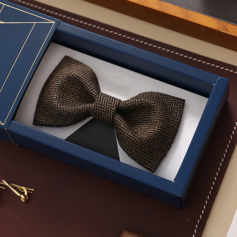 Men's Coffee Herringbone Pattern Woolen Bow Tie - Style #1 - image 2