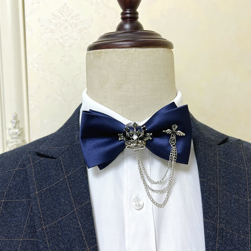 Men's Silver Metal Crown & Cross Chain Bow Tie - Navy / Silver - image 6
