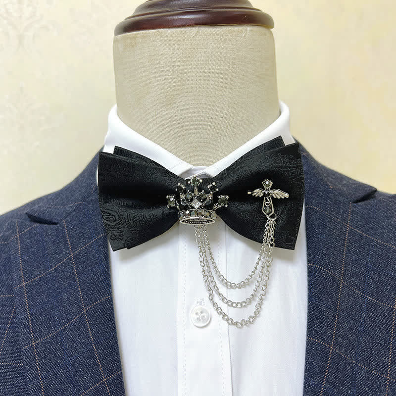 Men's Silver Metal Crown & Cross Chain Bow Tie - Black Paisley / Silver - image 0