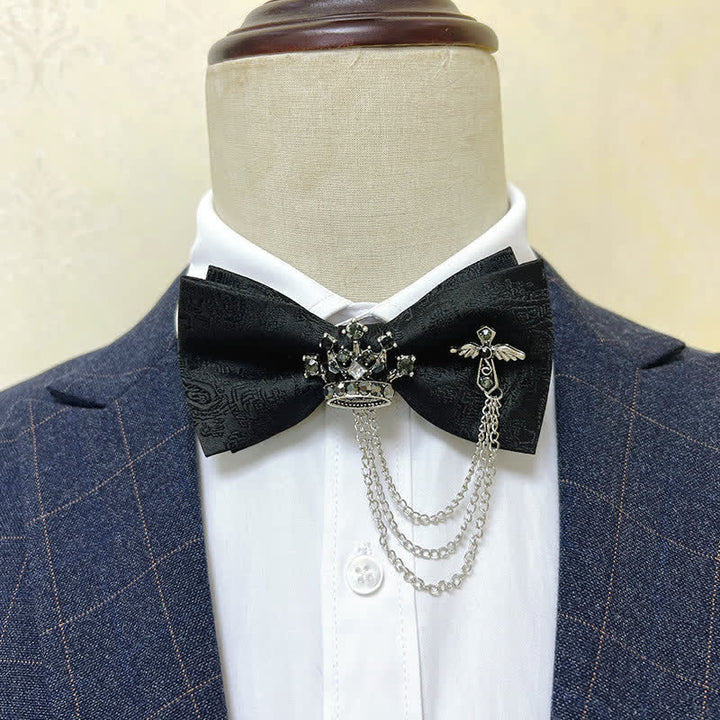 Men's Silver Metal Crown & Cross Chain Bow Tie - Black Paisley / Silver - image 0
