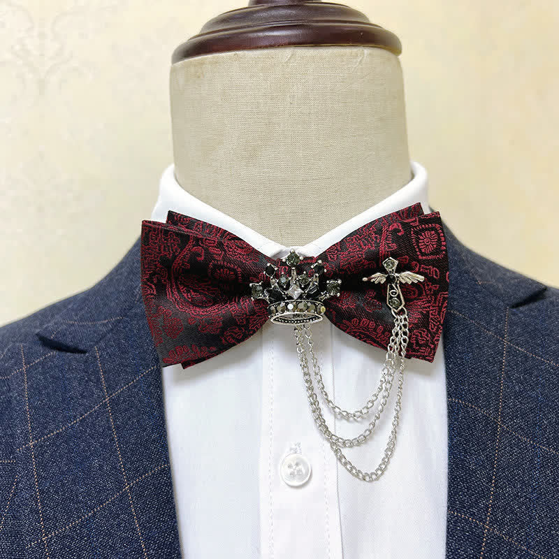 Men's Silver Metal Crown & Cross Chain Bow Tie - Burgundy Paisley / Silver - image 2