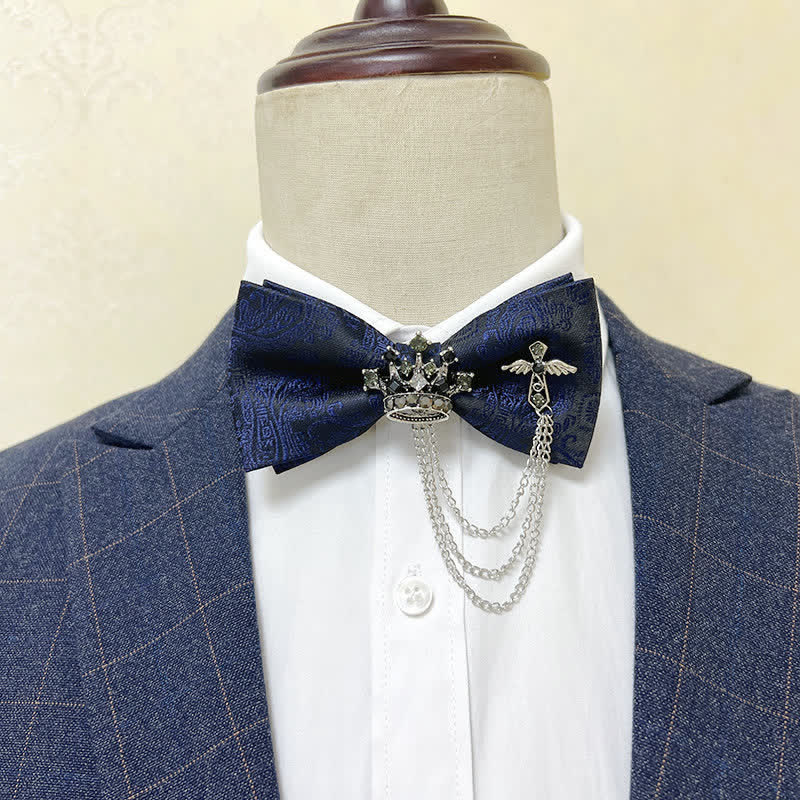 Men's Silver Metal Crown & Cross Chain Bow Tie - Navy Paisley / Silver - image 9