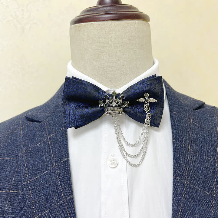 Men's Silver Metal Crown & Cross Chain Bow Tie - Navy Paisley / Silver - image 9