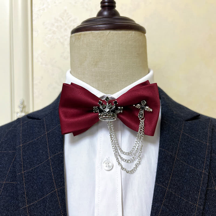 Men's Silver Metal Crown & Cross Chain Bow Tie - Burgundy / Silver - image 7