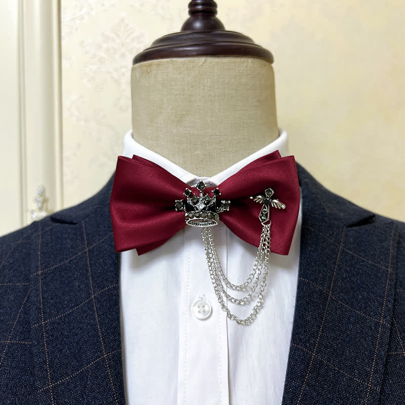 Men's Silver Metal Crown & Cross Chain Bow Tie - Burgundy / Silver - image 7