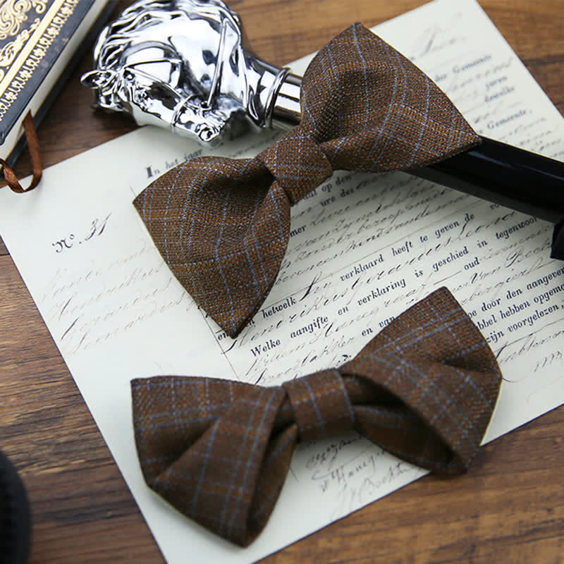 Men's British Style Vintage Dark Brown Plaid Bow Tie - image 0