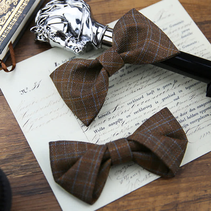 Men's British Style Vintage Dark Brown Plaid Bow Tie - image 0